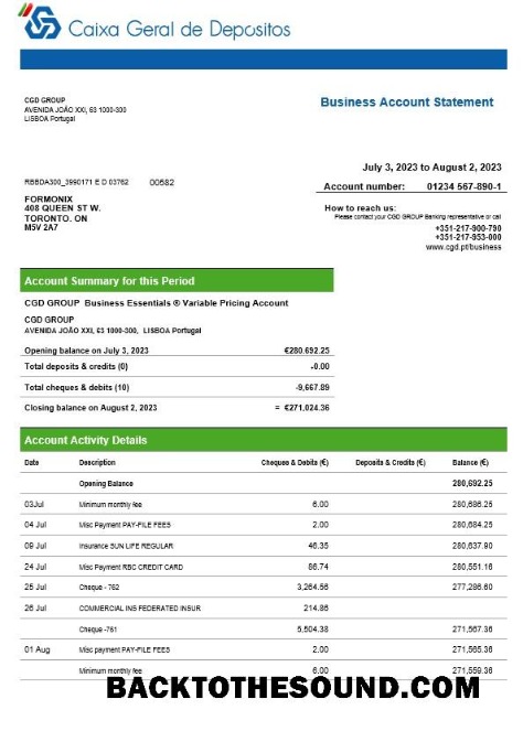 Pobierz Caixa Geral de Depósitos Biznes Bank Wyciąg bankowy Word and PDF Próbka projekt