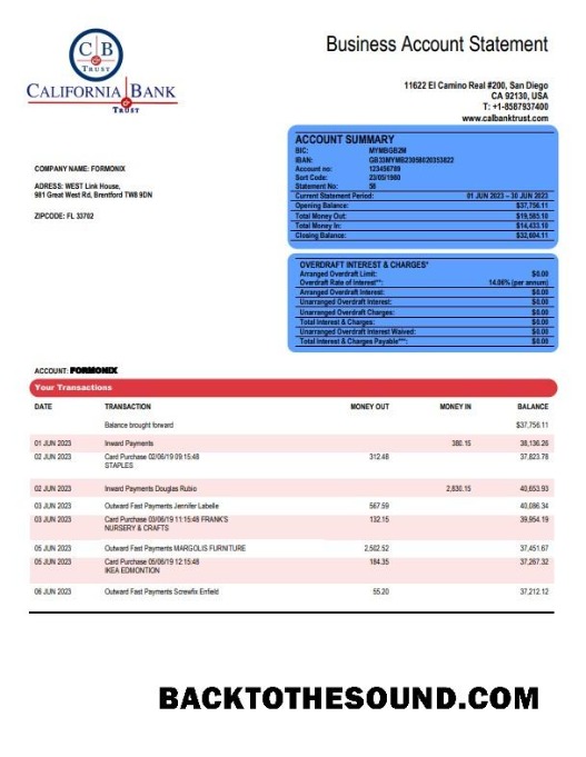 Pobierz California Bank & Trust organizacja sprawdzanie Konto Wyciąg bankowy Word and PDF Próbka projekt