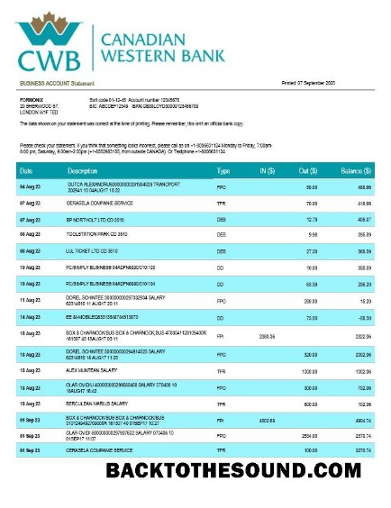 Pobierz Canadian Western Bank firma Konto Wyciąg bankowy Word and PDF Próbka szablon