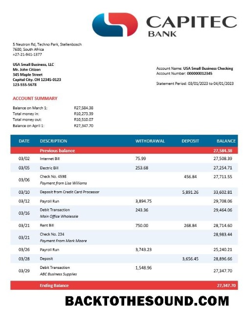 Pobierz Capitec Bank firma Konto Wyciąg bankowy Word and PDF Próbka podgląd