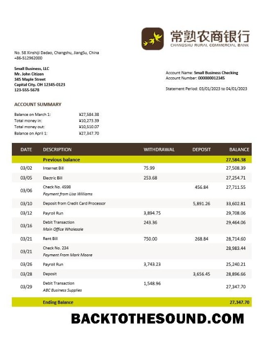 Pobierz Changshu Rural komercyjny Bank firma Konto Wyciąg bankowy Word and PDF Próbka szablon