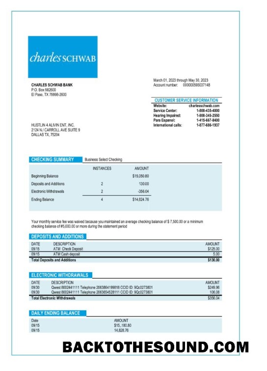 Pobierz Charles Schwab Biznes Bank Wyciąg bankowy Word and PDF Próbka podgląd