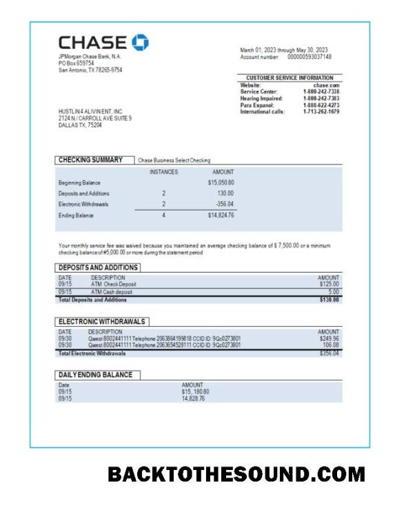 Pobierz Chase Bank Biznes sprawdzanie Konto Wyciąg bankowy Word and PDF Próbka podgląd