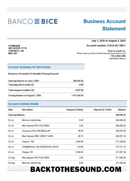 Pobierz Chilean Banco Bice Biznes firma Konto Bank Wyciąg bankowy Word and PDF Format Próbka projekt