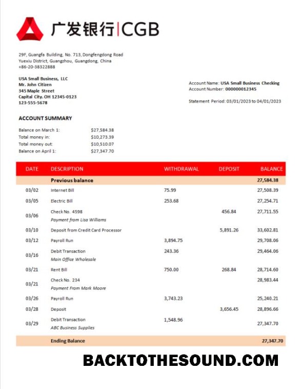 Pobierz Chiny Guangfa Bank Firma Wyciąg bankowy Word and PDF Próbka szablon