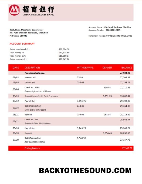 Pobierz Chiny Merchants Bank firma Konto Wyciąg bankowy Word and PDF Próbka szablon