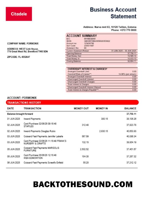Pobierz Citadele banka Eesti filiaal AS Biznes Konto Wyciąg bankowy Word and PDF Próbka szablon