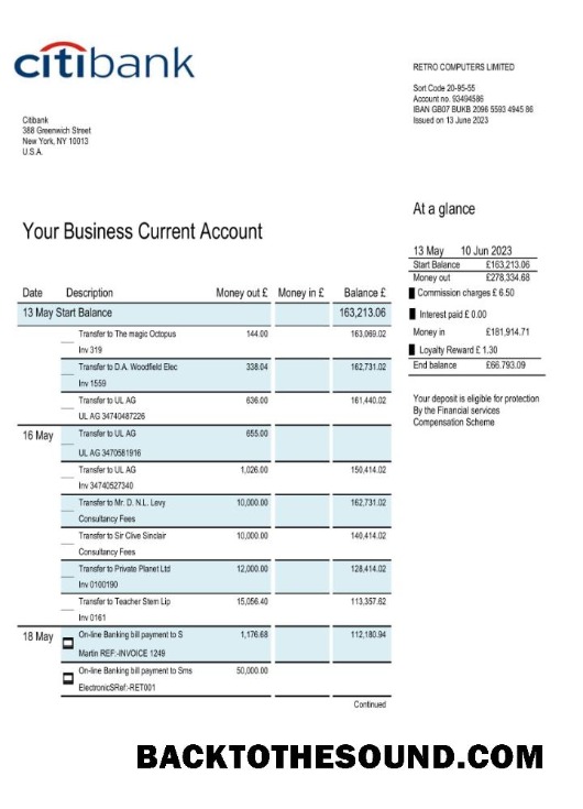 Pobierz Citibank Bank Biznes Konto Wyciąg bankowy Word and PDF Próbka makieta