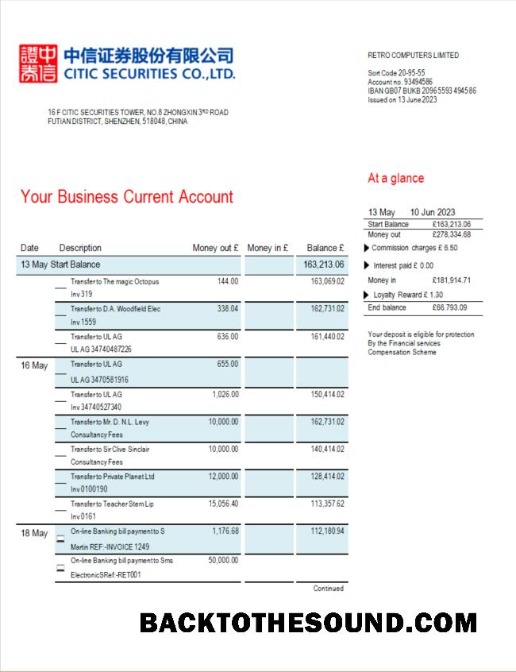 Pobierz Citic Securities Bank firma Konto Wyciąg bankowy Word and PDF Próbka projekt