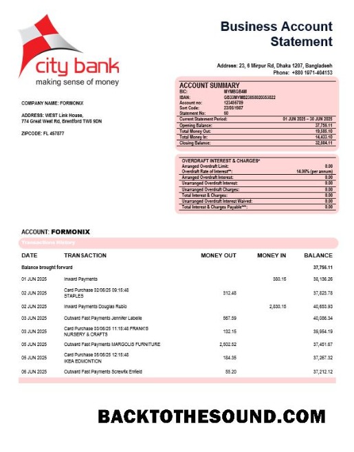 Pobierz City Bank firma Konto Wyciąg bankowy Word and PDF Próbka projekt