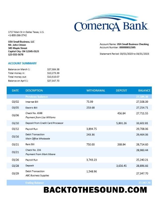 Pobierz Comerica Bank Biznes Wyciąg bankowy Word and PDF Próbka szablon