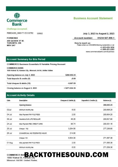 Pobierz Commerce Bank firma Konto Wyciąg bankowy Word and PDF Próbka podgląd