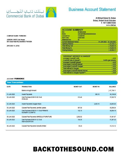 Pobierz komercyjny Bank of Dubai Firma sprawdzanie Konto Wyciąg bankowy Word and PDF Próbka szablon