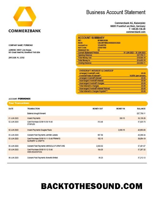 Pobierz Commerzbank Firma sprawdzanie Konto Wyciąg bankowy Word and PDF Próbka makieta