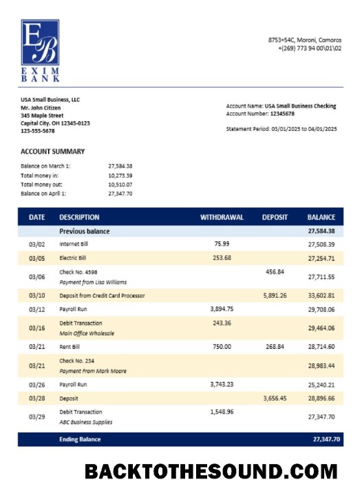 Pobierz Comoran Exim Bank enterprise Konto Wyciąg bankowy Word and PDF Format Próbka makieta