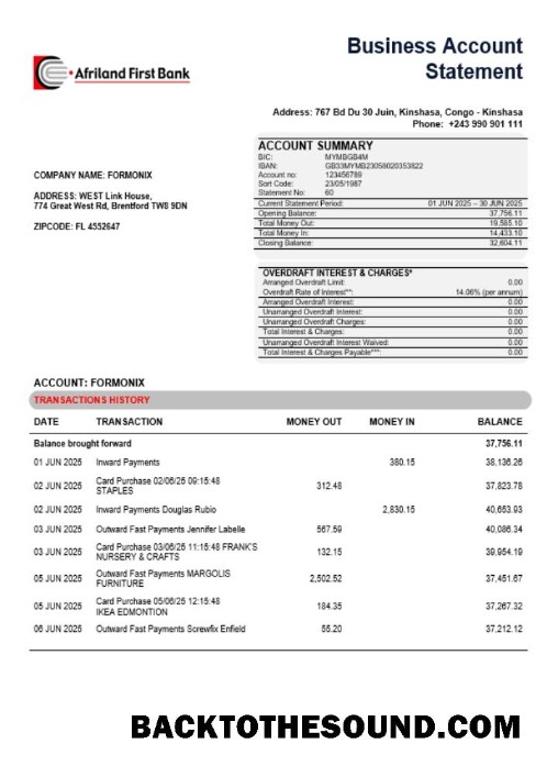 Pobierz Kongo Afriland First Bank Biznes firma Konto Bank Wyciąg bankowy Word and PDF Format Próbka próbka