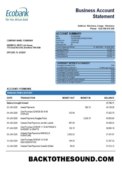 Pobierz Kongo Ecobank firma Konto Wyciąg bankowy Word and PDF Próbka próbka