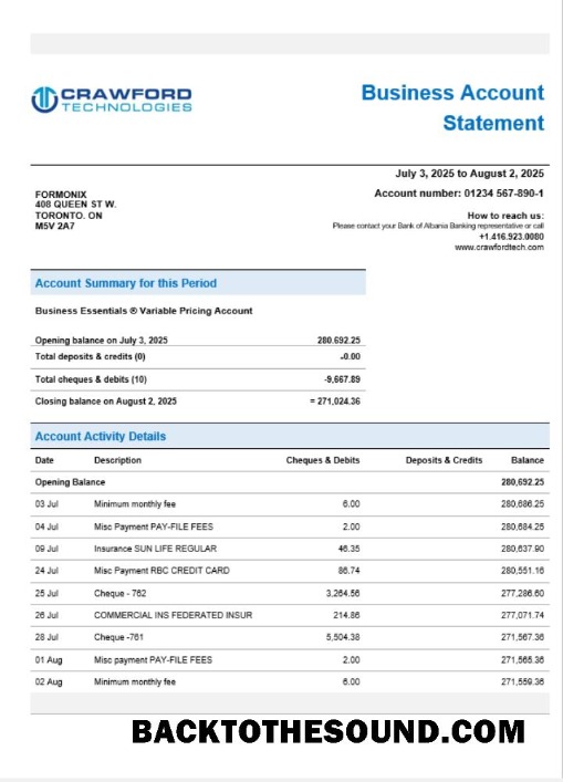 Pobierz CrawfordTech Biznes Bank Wyciąg bankowy Word and PDF Format Próbka makieta