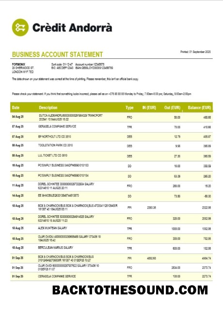 Pobierz Kredyt Andorran Bank Biznes Wyciąg bankowy Word and PDF Próbka próbka