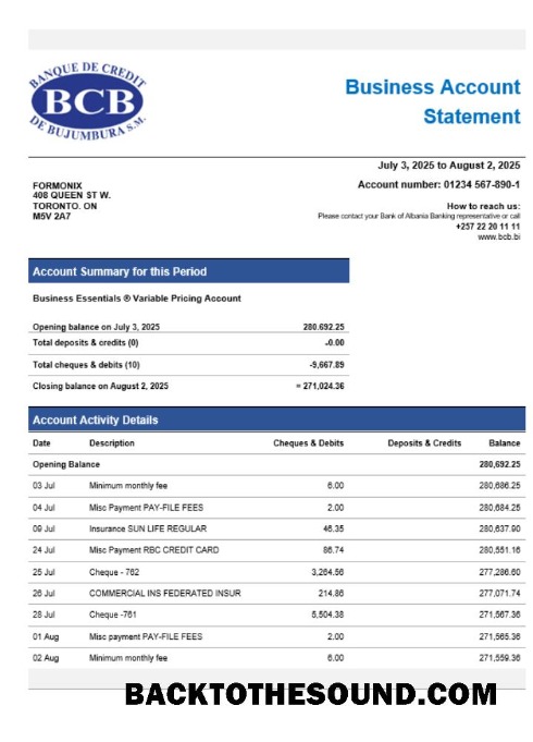 Pobierz Kredyt Bank of Bujumbura enterprise Konto Wyciąg bankowy Word and PDF Próbka szablon