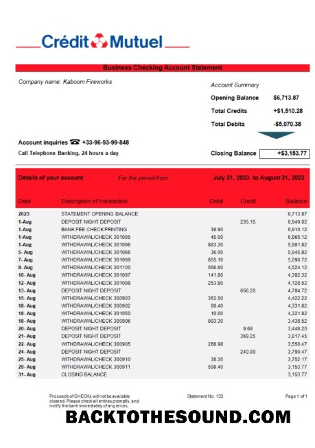 Pobierz Kredyt Mutuel Bank firma Konto Wyciąg bankowy Word and PDF Próbka próbka
