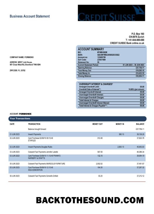 Pobierz Kredyt Suisse Bank corporate Konto Wyciąg bankowy Word and PDF Próbka projekt