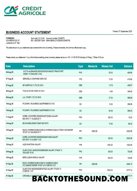 Pobierz Credite Agricole Firma sprawdzanie Konto Wyciąg bankowy Word and PDF Próbka szablon