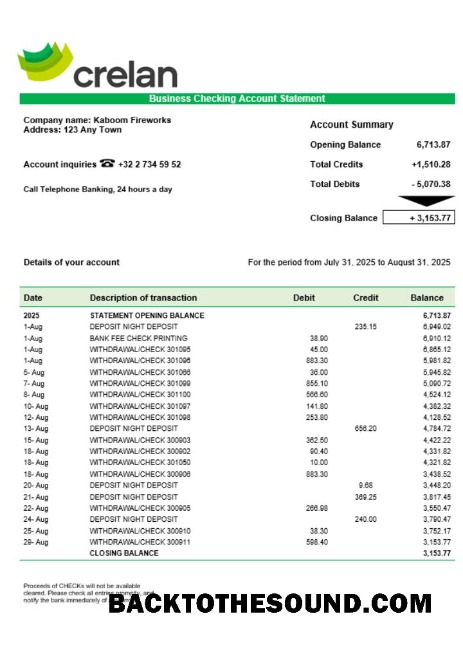 Pobierz Crelan Bank Firma sprawdzanie Konto Wyciąg bankowy Word and PDF Format Próbka próbka