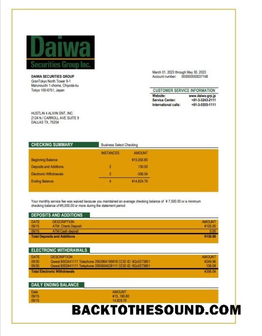 Pobierz Daiwa Securities Group Biznes Bank Wyciąg bankowy Word and PDF Próbka makieta