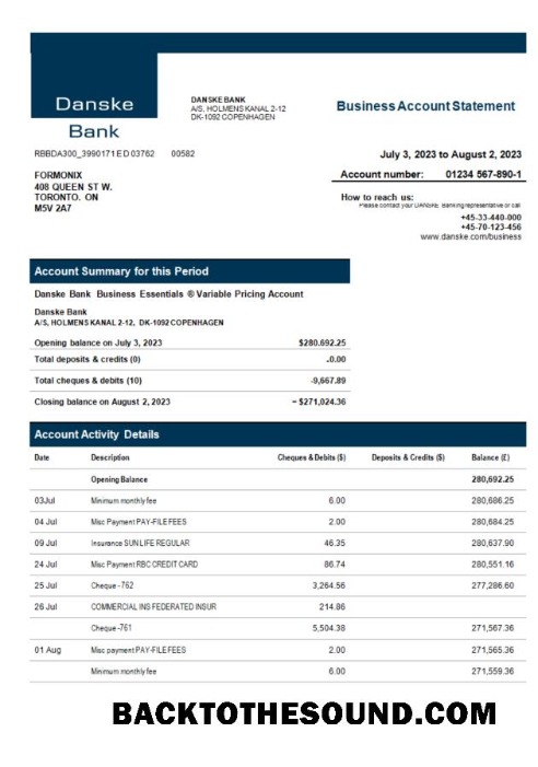 Pobierz Danske Bank enterprise Wyciąg bankowy Word and PDF Próbka projekt