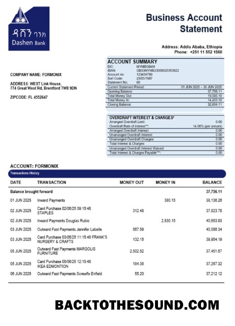 Pobierz Dashen Bank Firma Wyciąg bankowy Word and PDF Format Próbka szablon