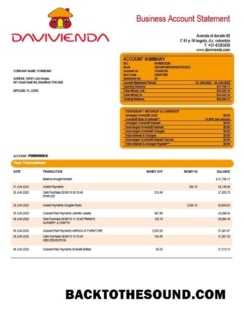 Pobierz Davivienda Bank Firma sprawdzanie Konto Wyciąg bankowy Word and PDF Próbka makieta