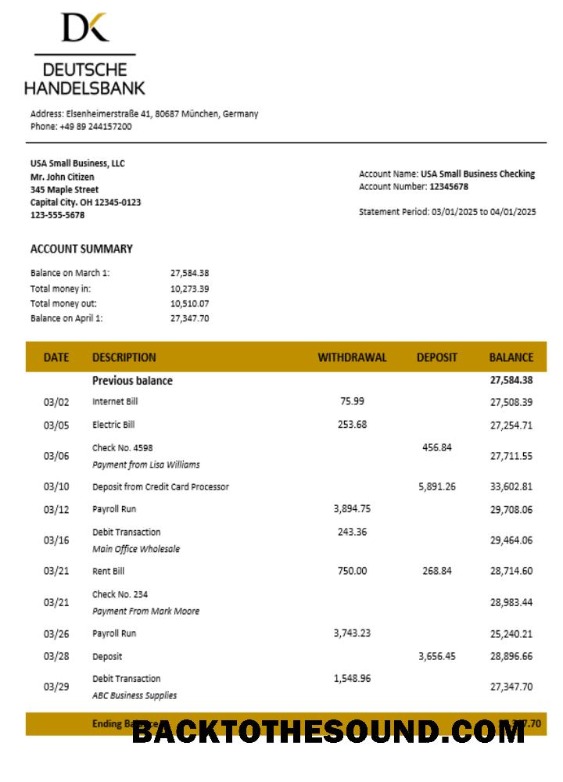 Pobierz Deutsche Handelsbank firma Konto Wyciąg bankowy Word and PDF Format Próbka makieta