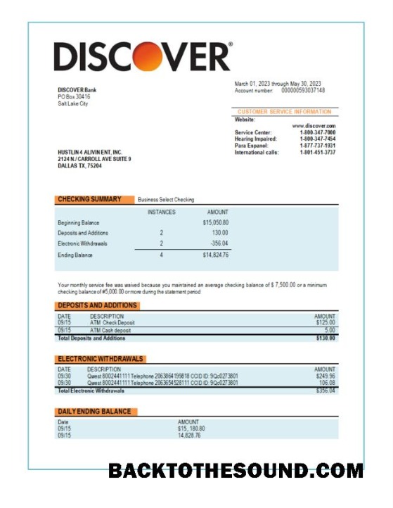 Pobierz Discover Bank Biznes Wyciąg bankowy Word and PDF Próbka podgląd
