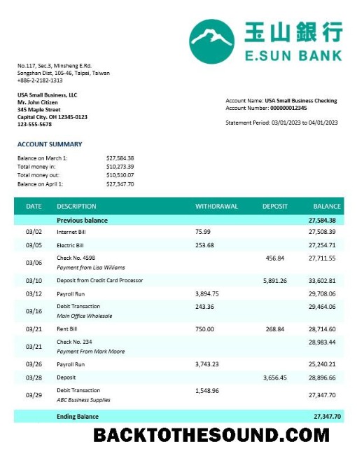 Pobierz E.SUN komercyjny Bank Biznes Wyciąg bankowy Word and PDF Próbka szablon