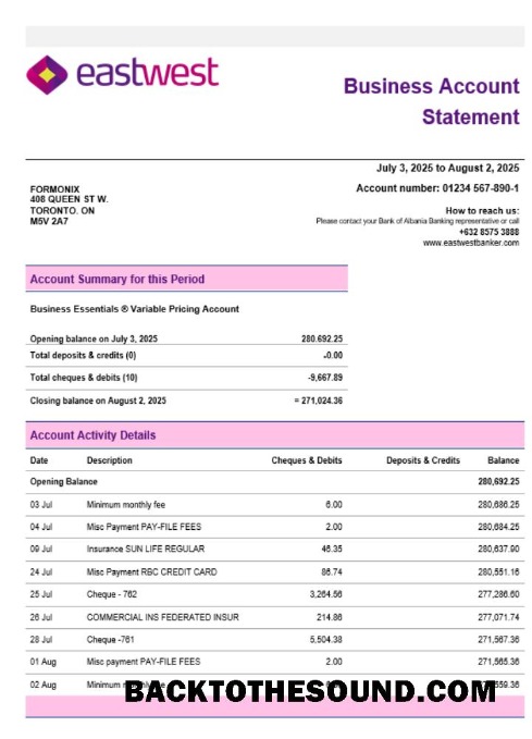 Pobierz EastWest Biznes firma Konto Wyciąg bankowy Word snd PDF Format Próbka makieta