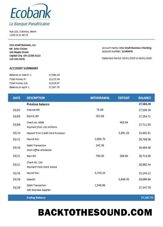 Pobierz Ecobank enterprise Wyciąg bankowy Word and PDF Format Próbka projekt