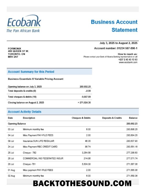 Pobierz Ecobank organizacja sprawdzanie Konto Wyciąg bankowy Word and PDF Format Próbka makieta