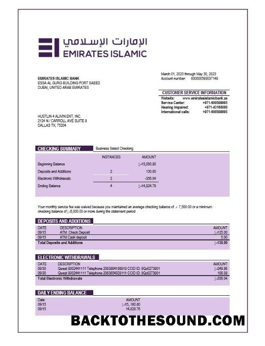 Pobierz Emirates Islamic Bank firma Konto Wyciąg bankowy Word and PDF Próbka szablon