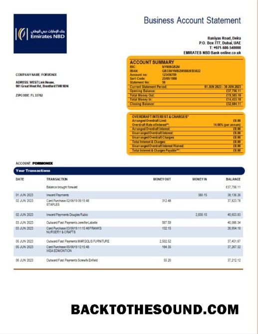 Pobierz Emirates NBD Bank organizacja Wyciąg bankowy Word and PDF Próbka próbka