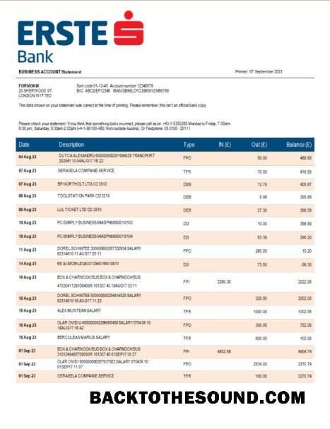 Pobierz Erste Bank firma sprawdzanie Konto Wyciąg bankowy Word and PDF Próbka szablon