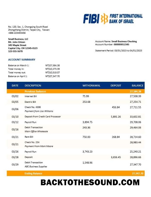 Pobierz FIBI Bank enterprise Konto Wyciąg bankowy Word and PDF templat Próbka podgląd