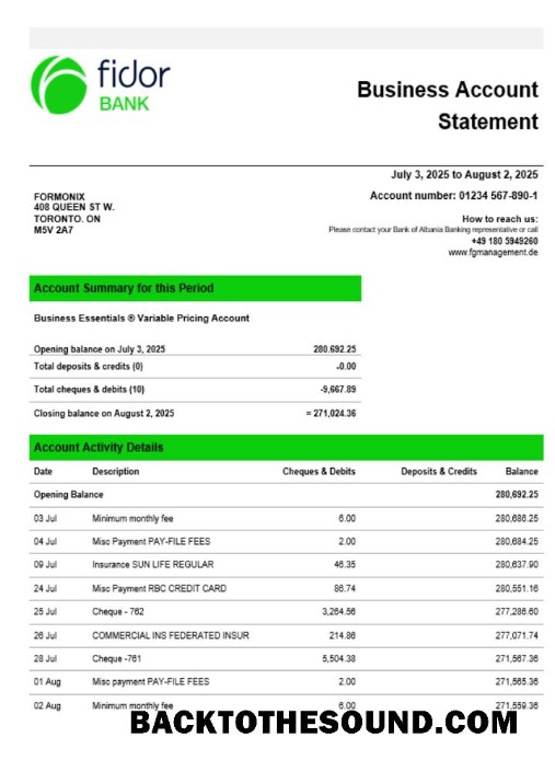 Pobierz Fidor Bank Biznes firma Konto Wyciąg bankowy Word snd PDF Format Próbka próbka
