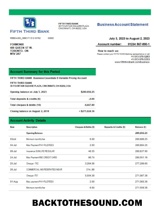 Pobierz Fifth Third Bank Biznes Bank Wyciąg bankowy Word and PDF Próbka próbka