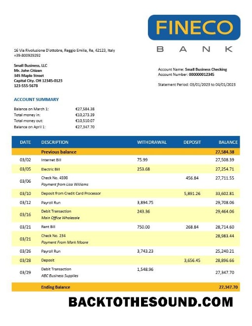 Pobierz Finecobank Firma Konto Wyciąg bankowy Word and PDF Próbka podgląd