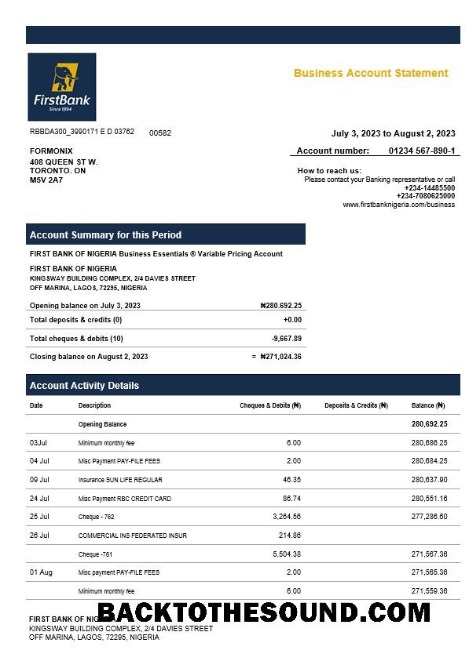 Pobierz First Bank of Nigeria firma Konto Wyciąg bankowy Word and PDF Próbka próbka