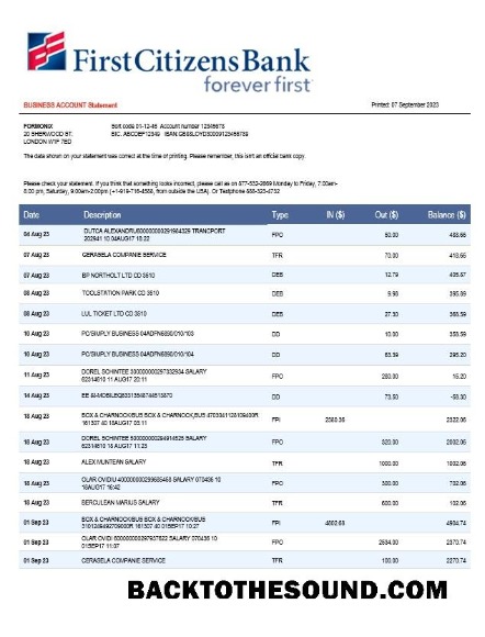 Pobierz First Citizens Bank Biznes Wyciąg bankowy Word and PDF Próbka makieta