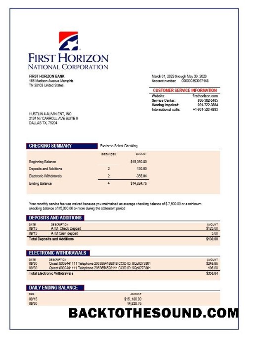 Pobierz First Horizon Bank Firma sprawdzanie Konto Wyciąg bankowy Word and PDF Próbka próbka
