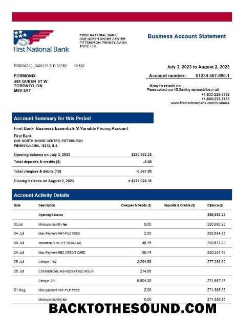 Pobierz First narodowy Bank firma Wyciąg bankowy Word and PDF Próbka próbka