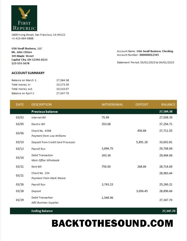 Pobierz First Republic Bank enterprise Wyciąg bankowy Word and PDF Próbka podgląd